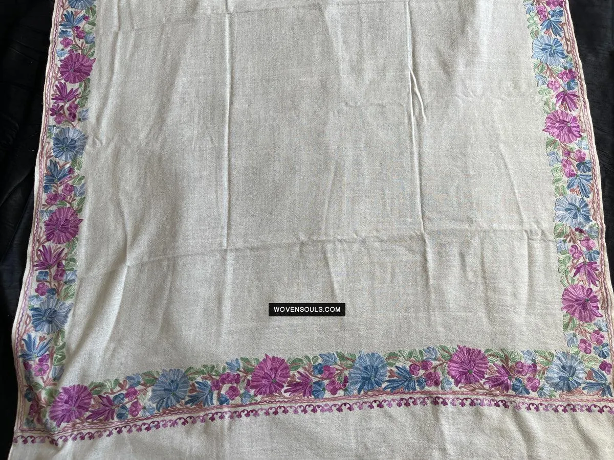 1699 SOLD White Embroidered Stole Shawl - Kashmir
