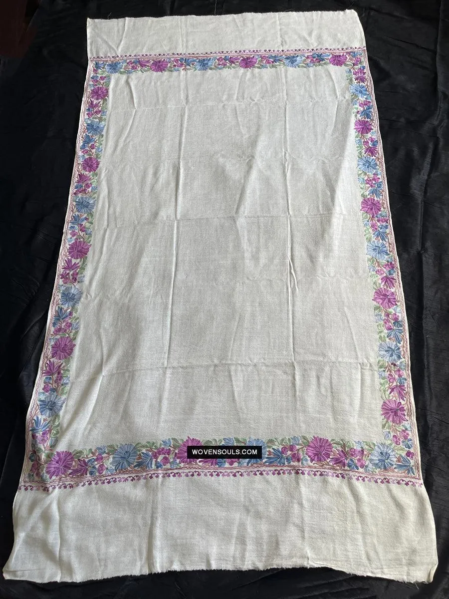 1699 SOLD White Embroidered Stole Shawl - Kashmir