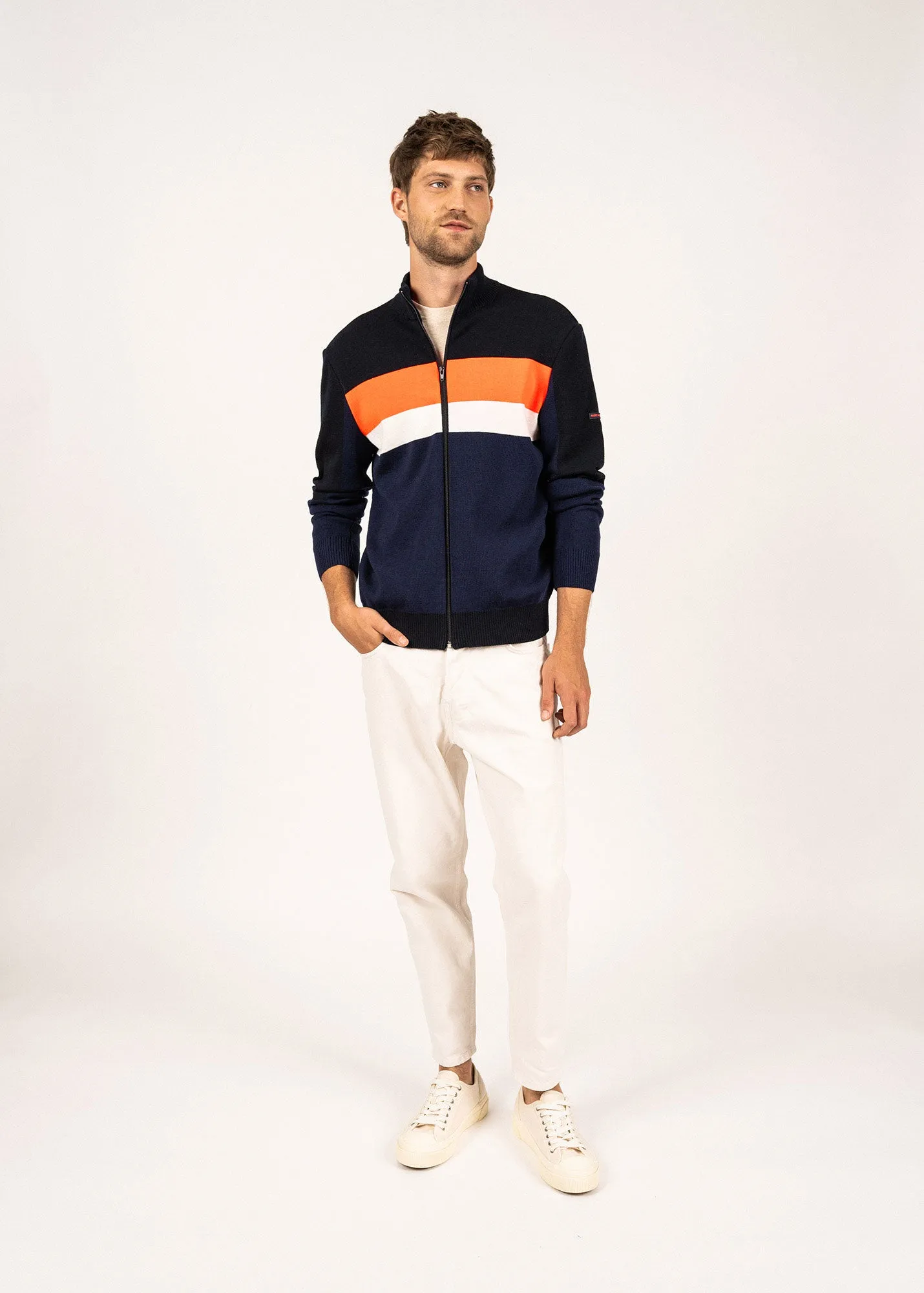 BARNEVILLE - Full-Zip Knit Cardigan for Men | 100% Wool (DARK BLUE / NAVY / NEON ORANGE / WHITE)