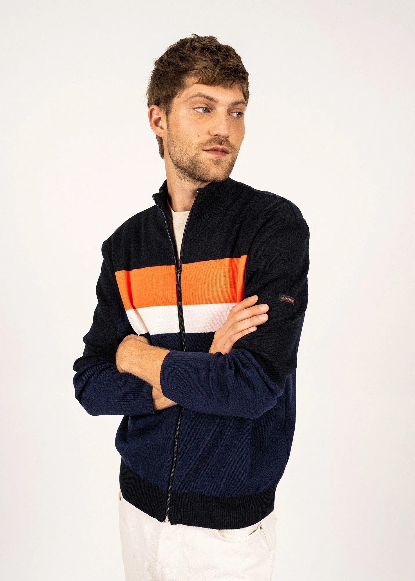BARNEVILLE - Full-Zip Knit Cardigan for Men | 100% Wool (DARK BLUE / NAVY / NEON ORANGE / WHITE)