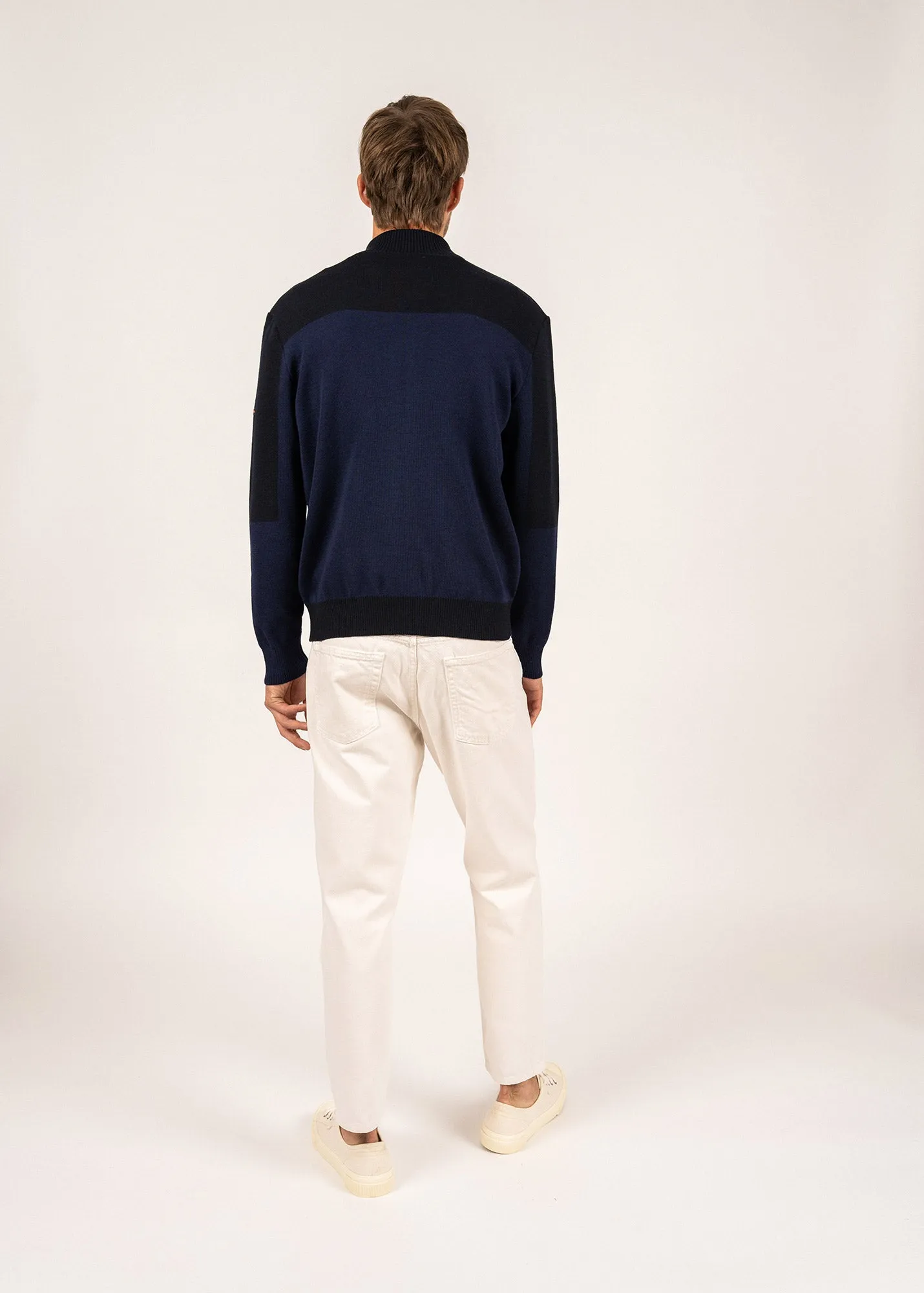 BARNEVILLE - Full-Zip Knit Cardigan for Men | 100% Wool (DARK BLUE / NAVY / NEON ORANGE / WHITE)