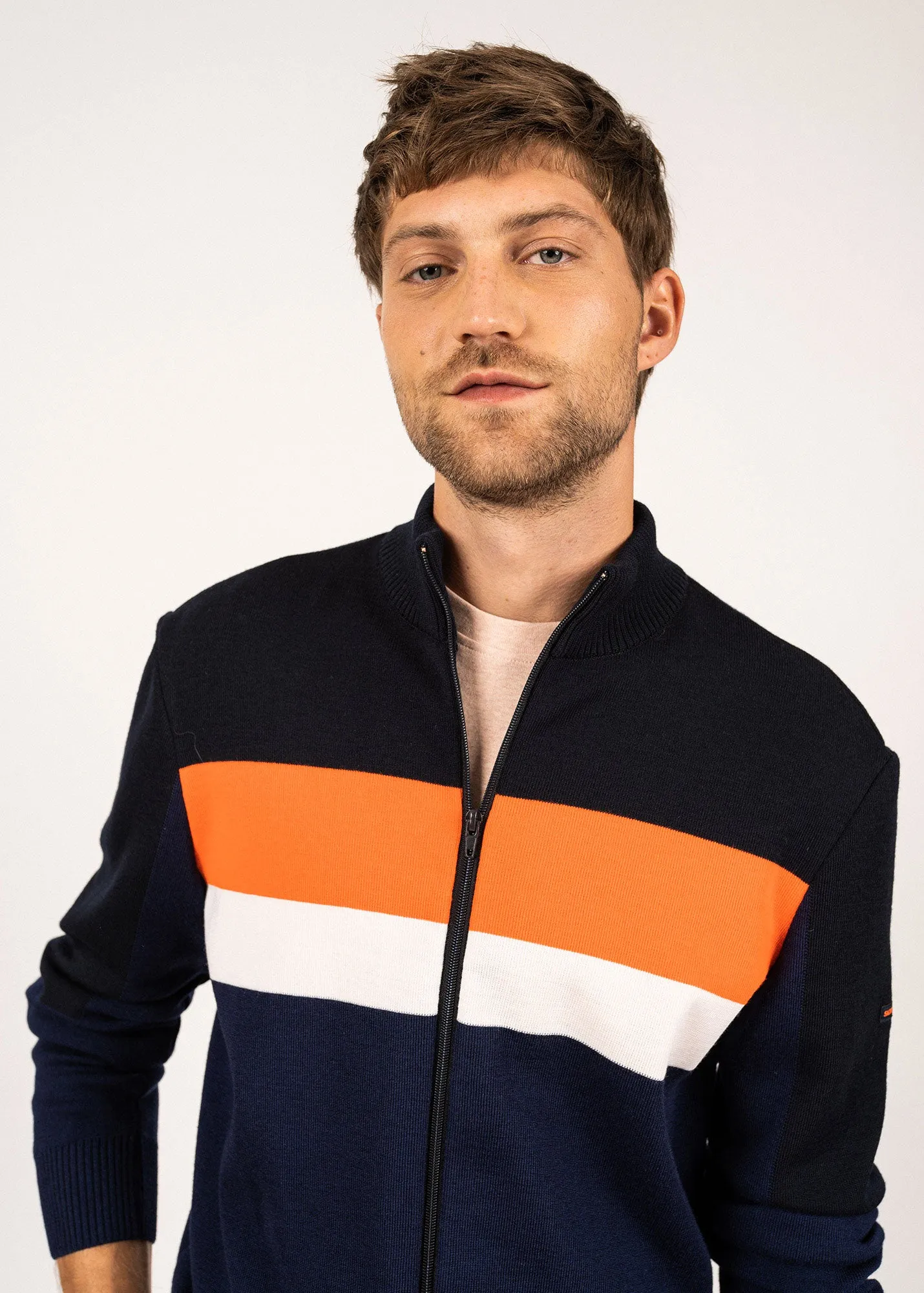 BARNEVILLE - Full-Zip Knit Cardigan for Men | 100% Wool (DARK BLUE / NAVY / NEON ORANGE / WHITE)