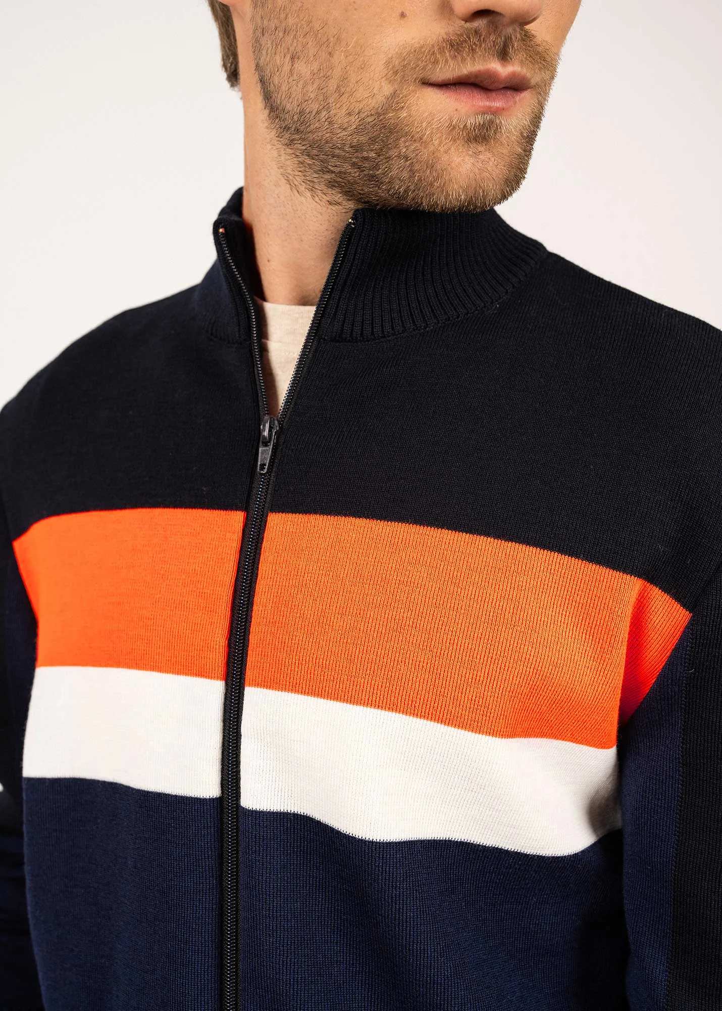 BARNEVILLE - Full-Zip Knit Cardigan for Men | 100% Wool (DARK BLUE / NAVY / NEON ORANGE / WHITE)
