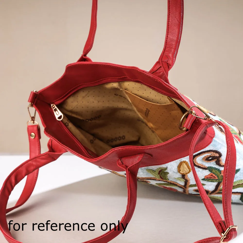 Beige - Original Crewel Hand Embroidered Hand Bag with Leather Handle