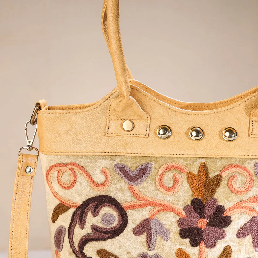Beige - Original Crewel Hand Embroidered Hand Bag with Leather Handle