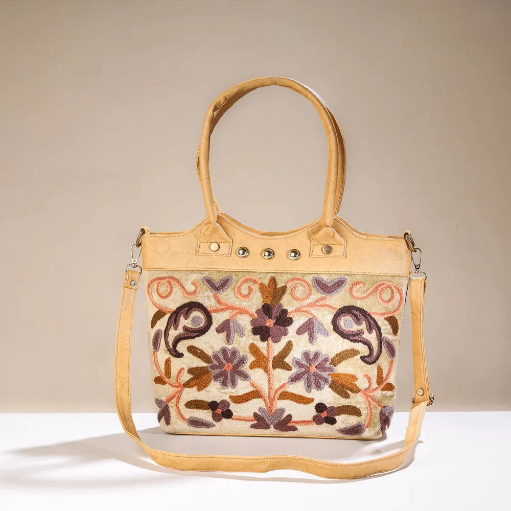 Beige - Original Crewel Hand Embroidered Hand Bag with Leather Handle
