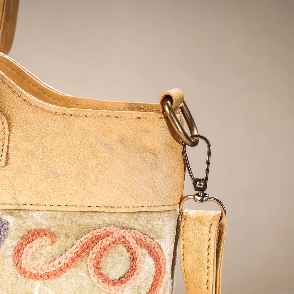 Beige - Original Crewel Hand Embroidered Hand Bag with Leather Handle