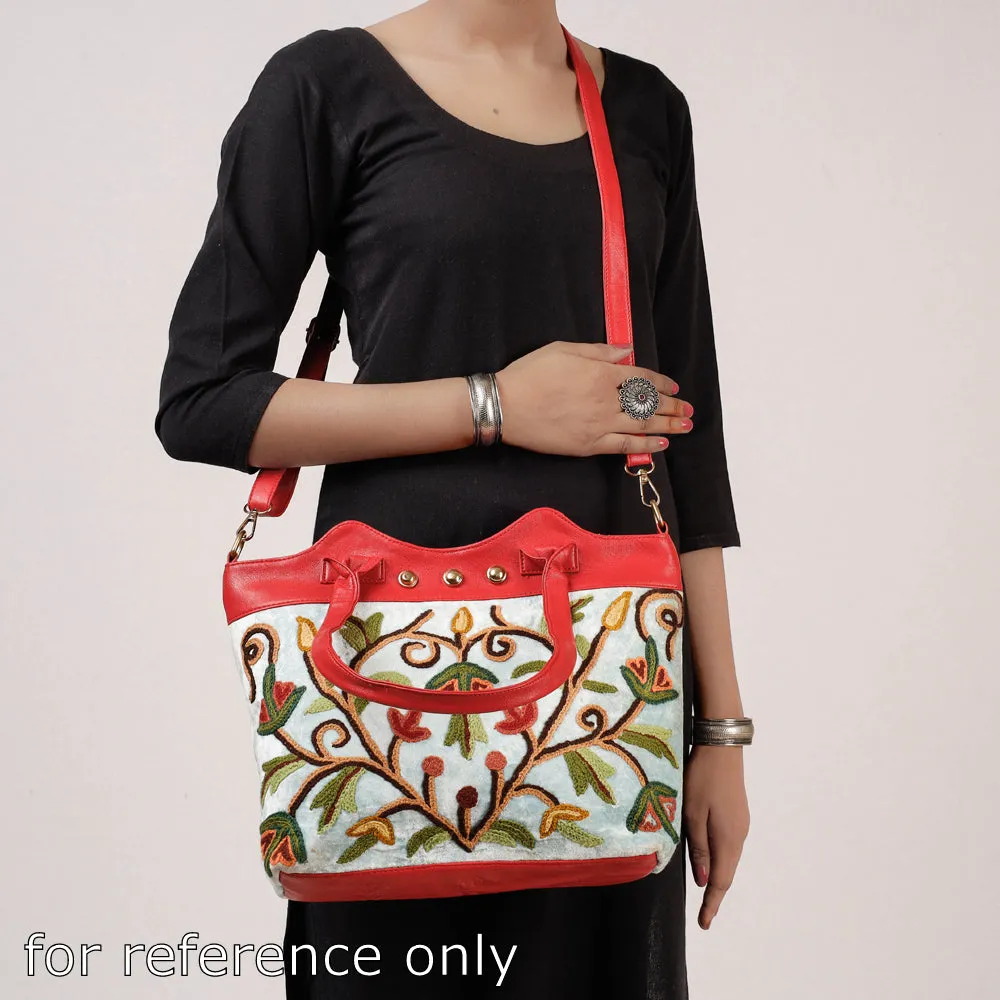 Beige - Original Crewel Hand Embroidered Hand Bag with Leather Handle