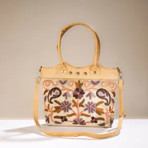 Beige - Original Crewel Hand Embroidered Hand Bag with Leather Handle