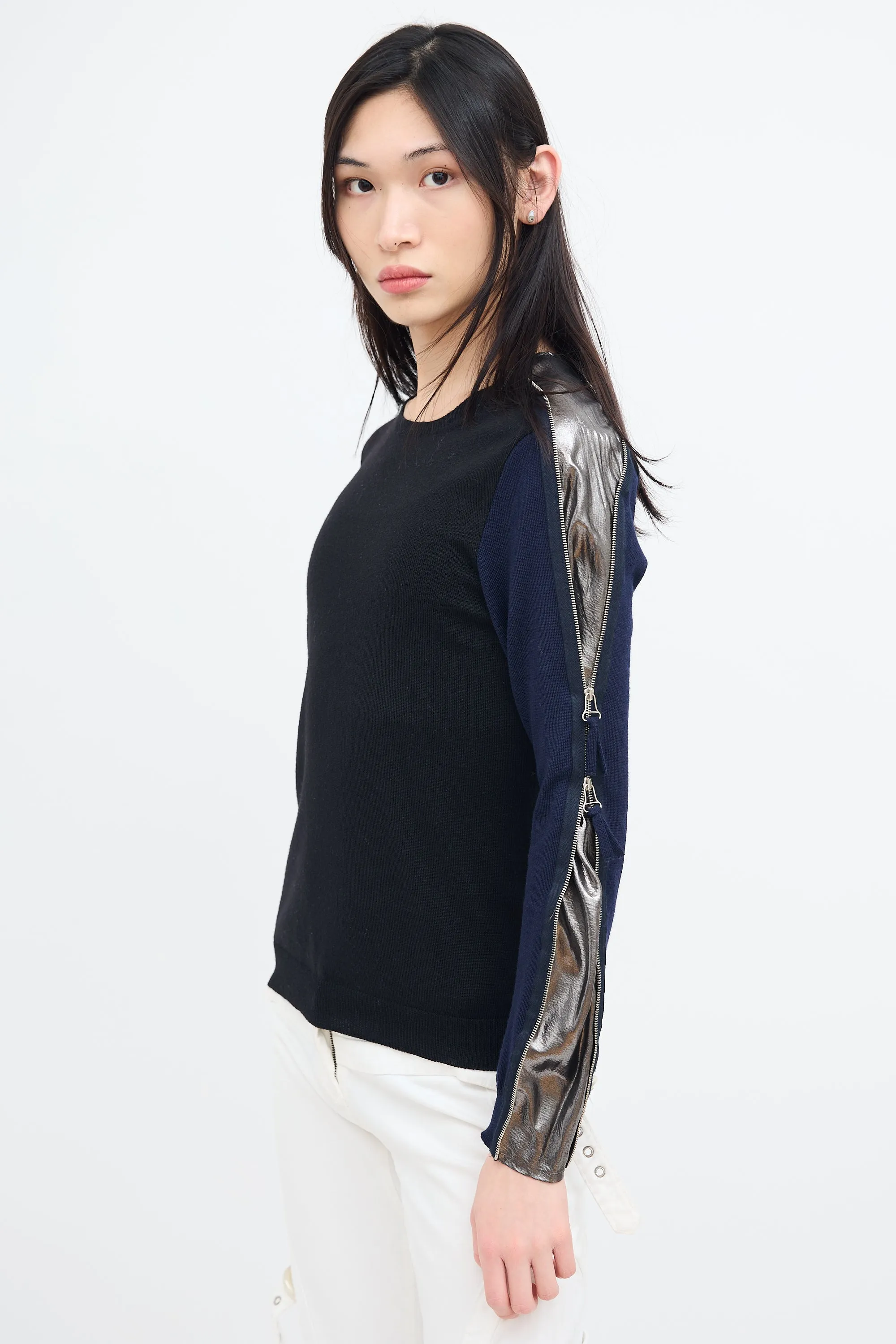 Black & Multi Wool Asymmetrical Zip Sweater