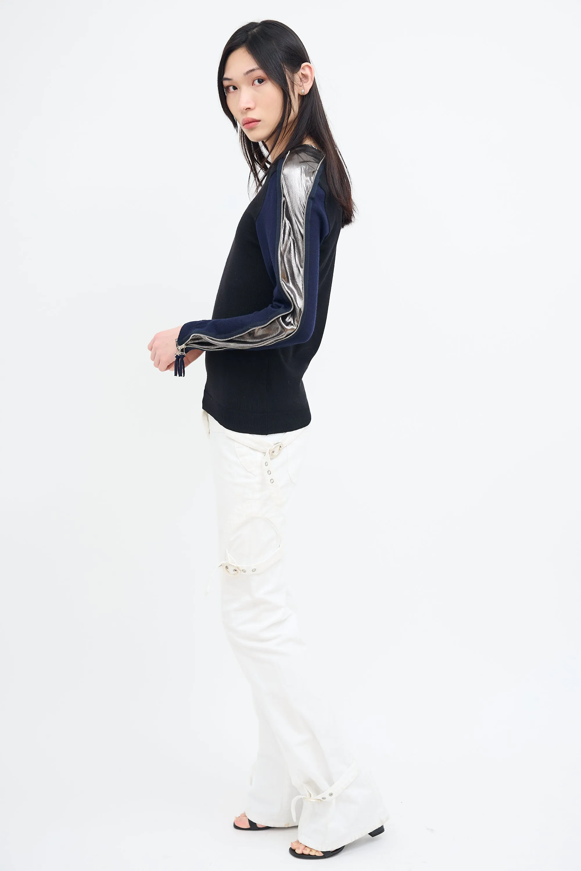 Black & Multi Wool Asymmetrical Zip Sweater
