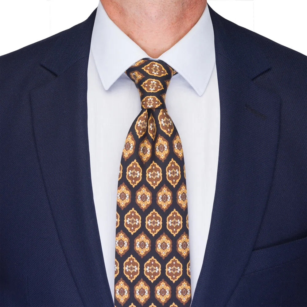 Black and Brown Medallion Motif Twill Silk Tie