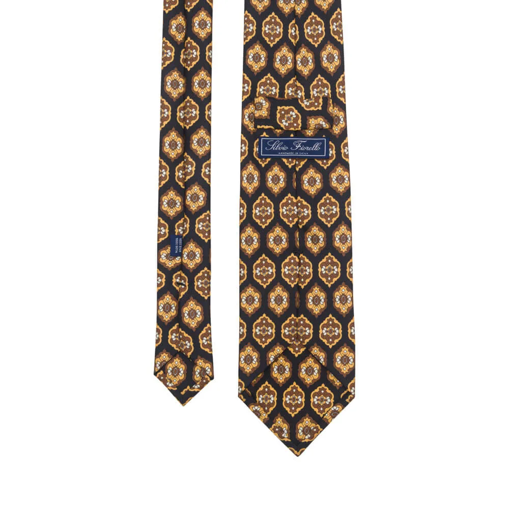 Black and Brown Medallion Motif Twill Silk Tie
