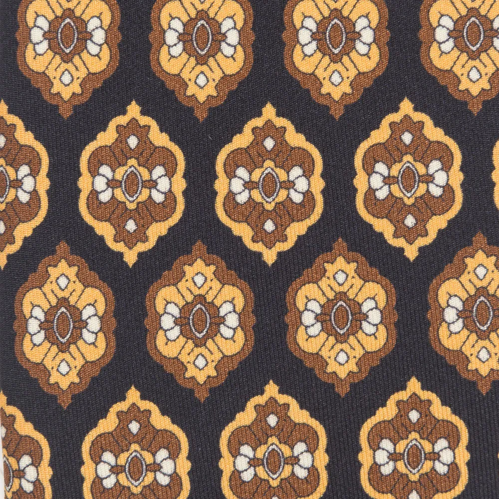 Black and Brown Medallion Motif Twill Silk Tie
