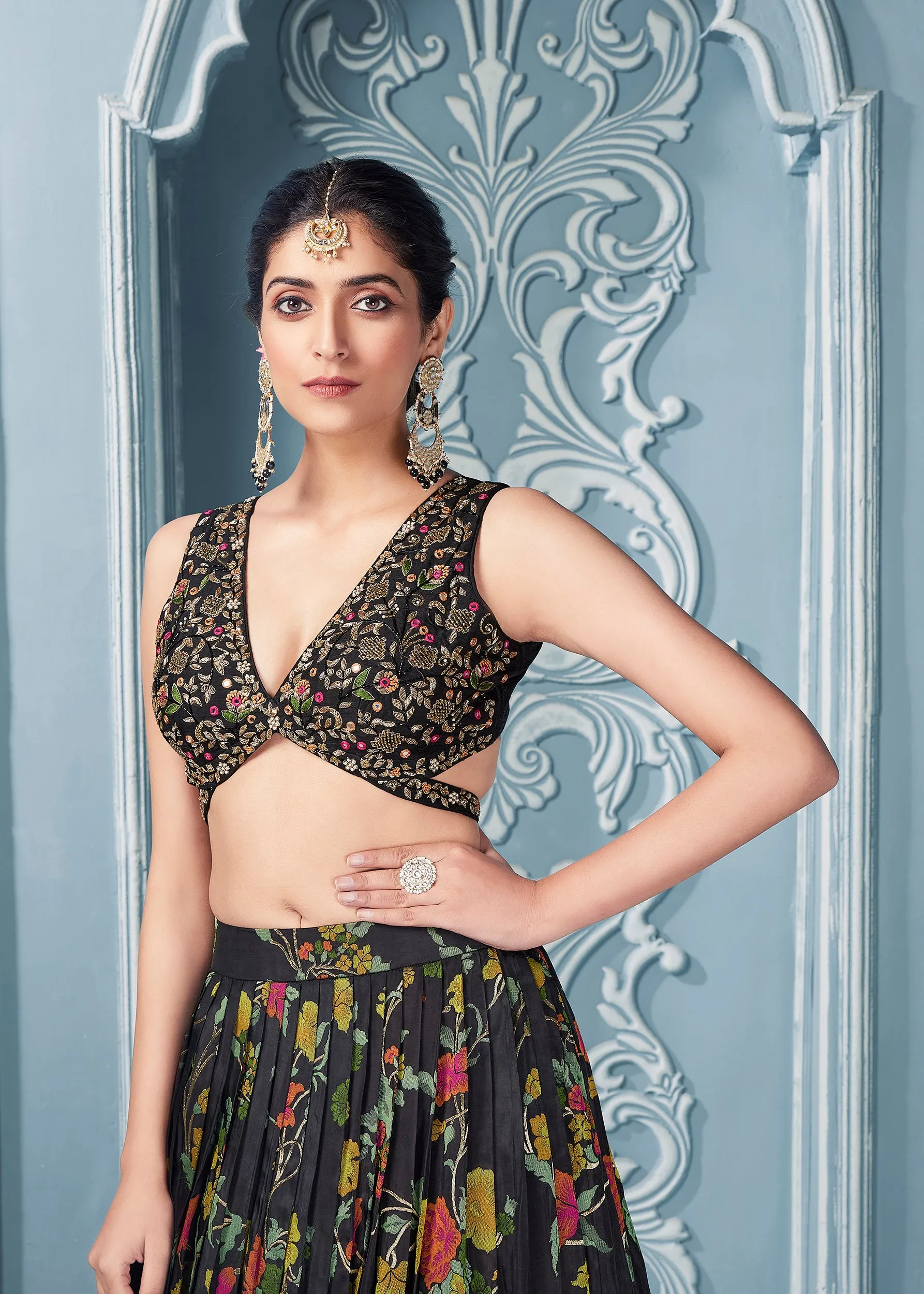 Black Floral Lehenga Set with Zardosi Work