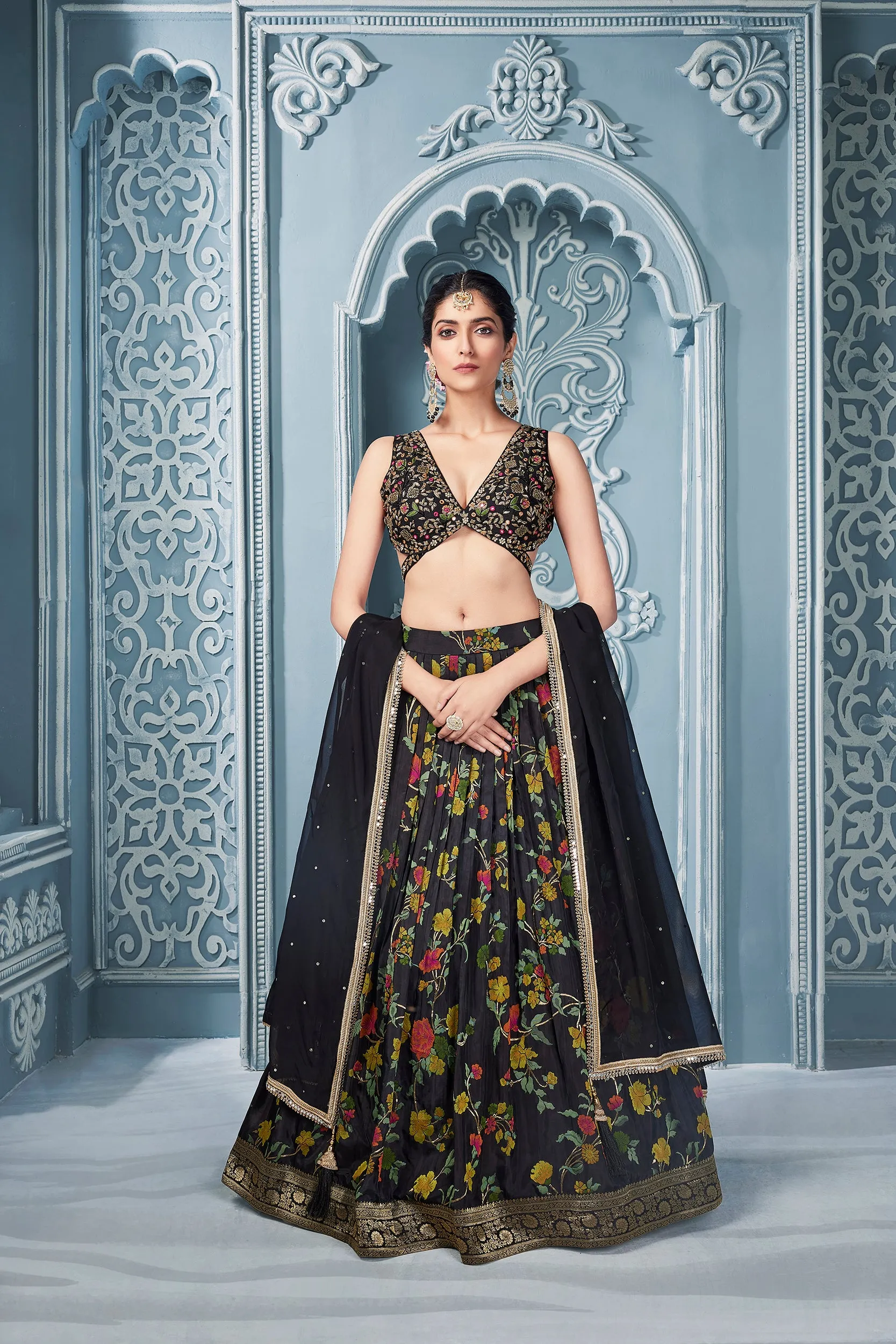 Black Floral Lehenga Set with Zardosi Work