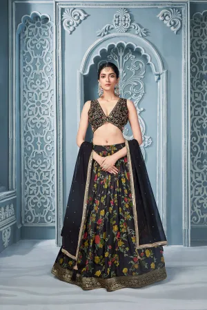 Black Floral Lehenga Set with Zardosi Work