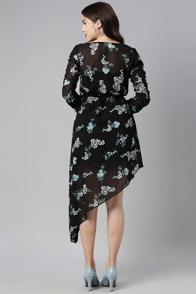 Black Polyester Floral Printed Midi Dress