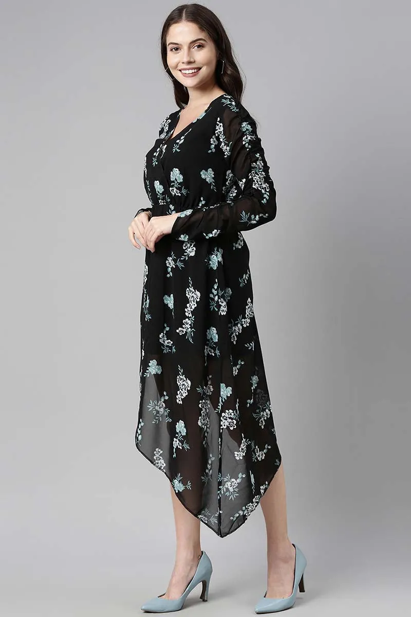 Black Polyester Floral Printed Midi Dress