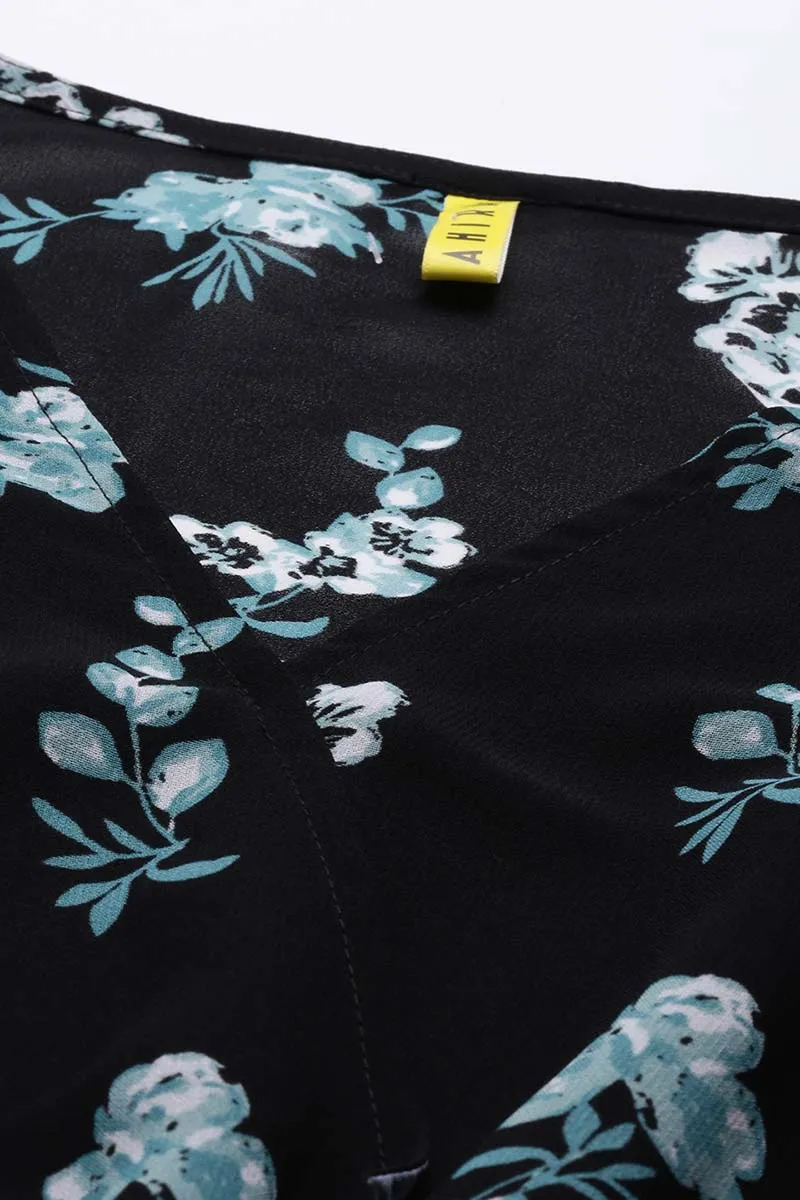 Black Polyester Floral Printed Midi Dress