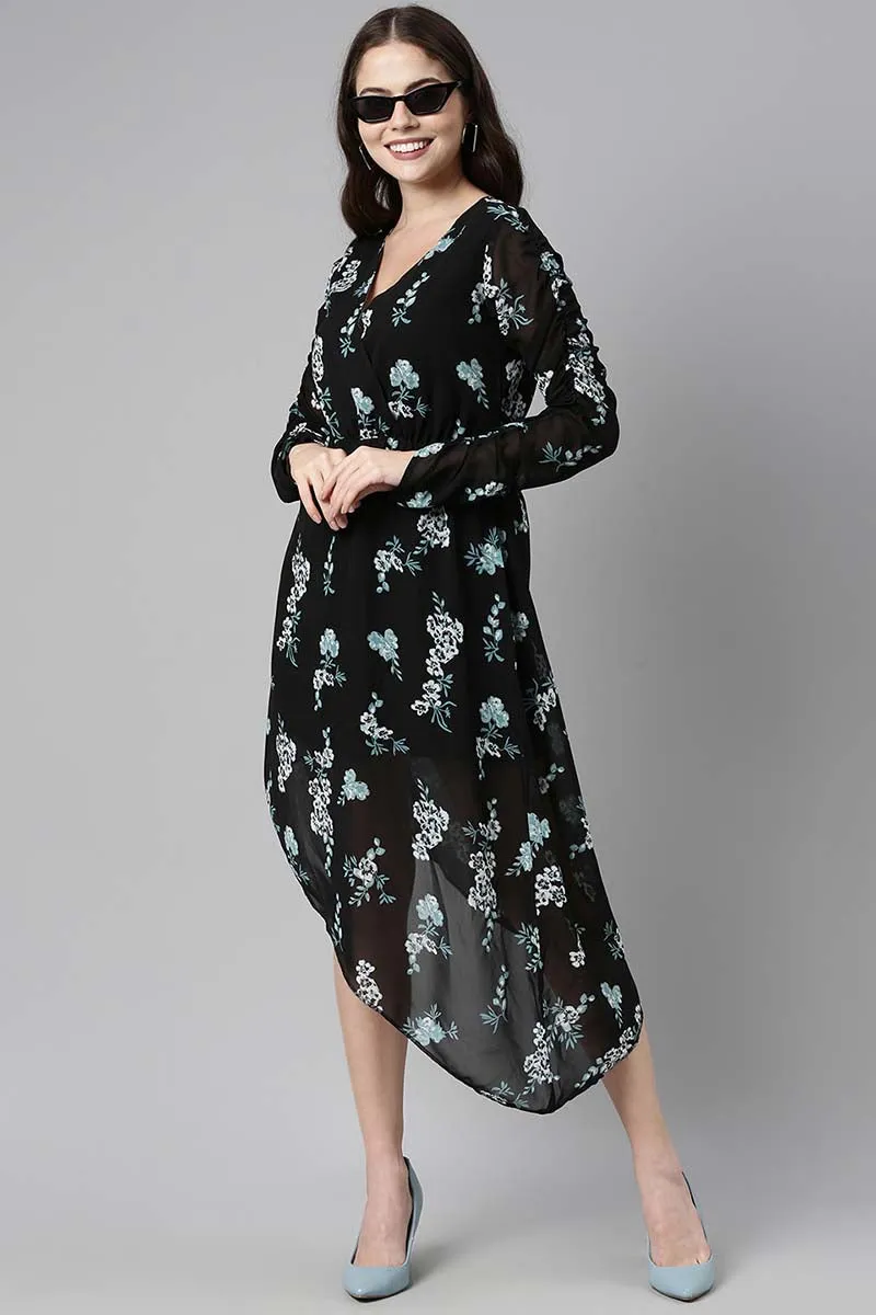 Black Polyester Floral Printed Midi Dress