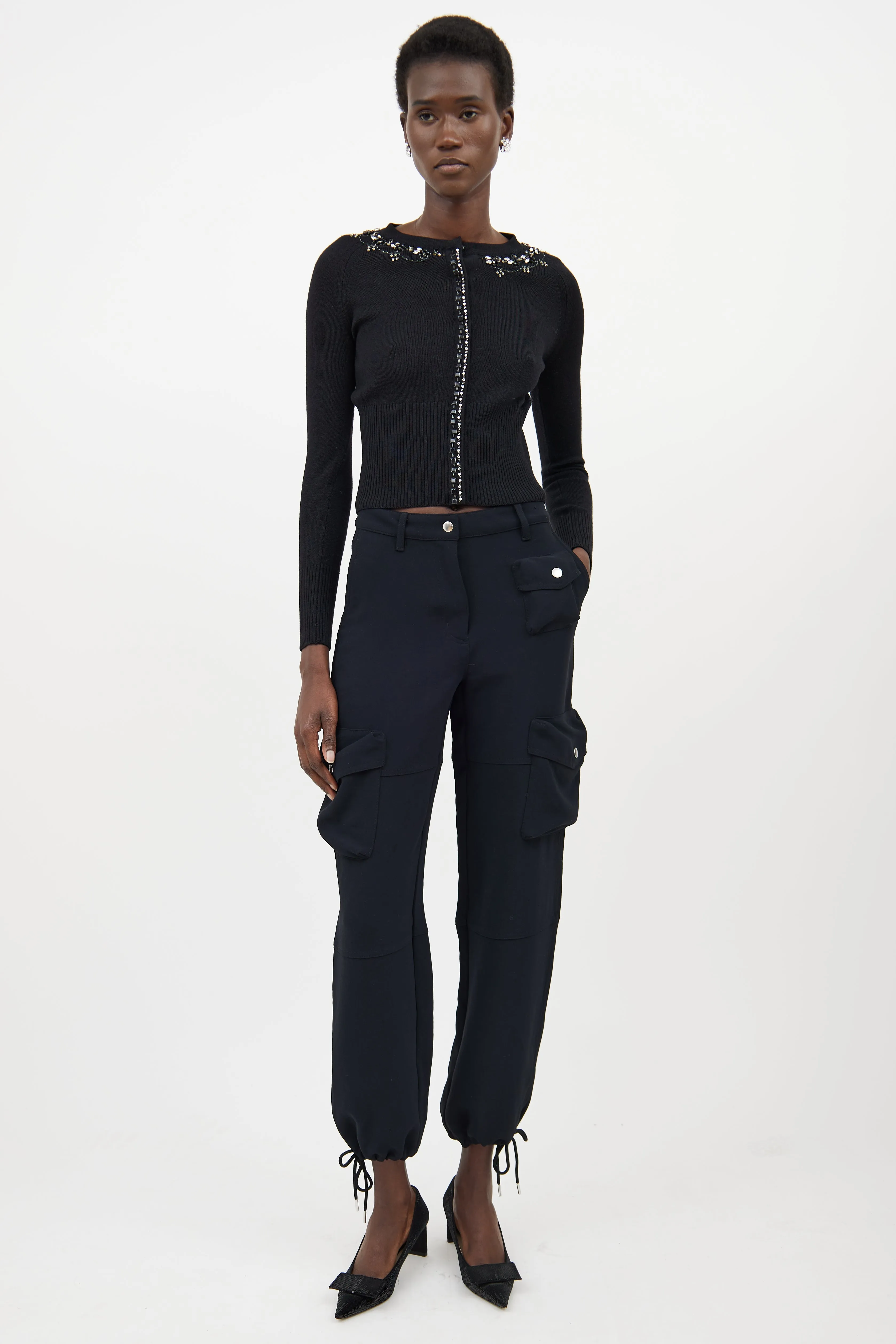 Black Wool Crystal Knit Cardigan