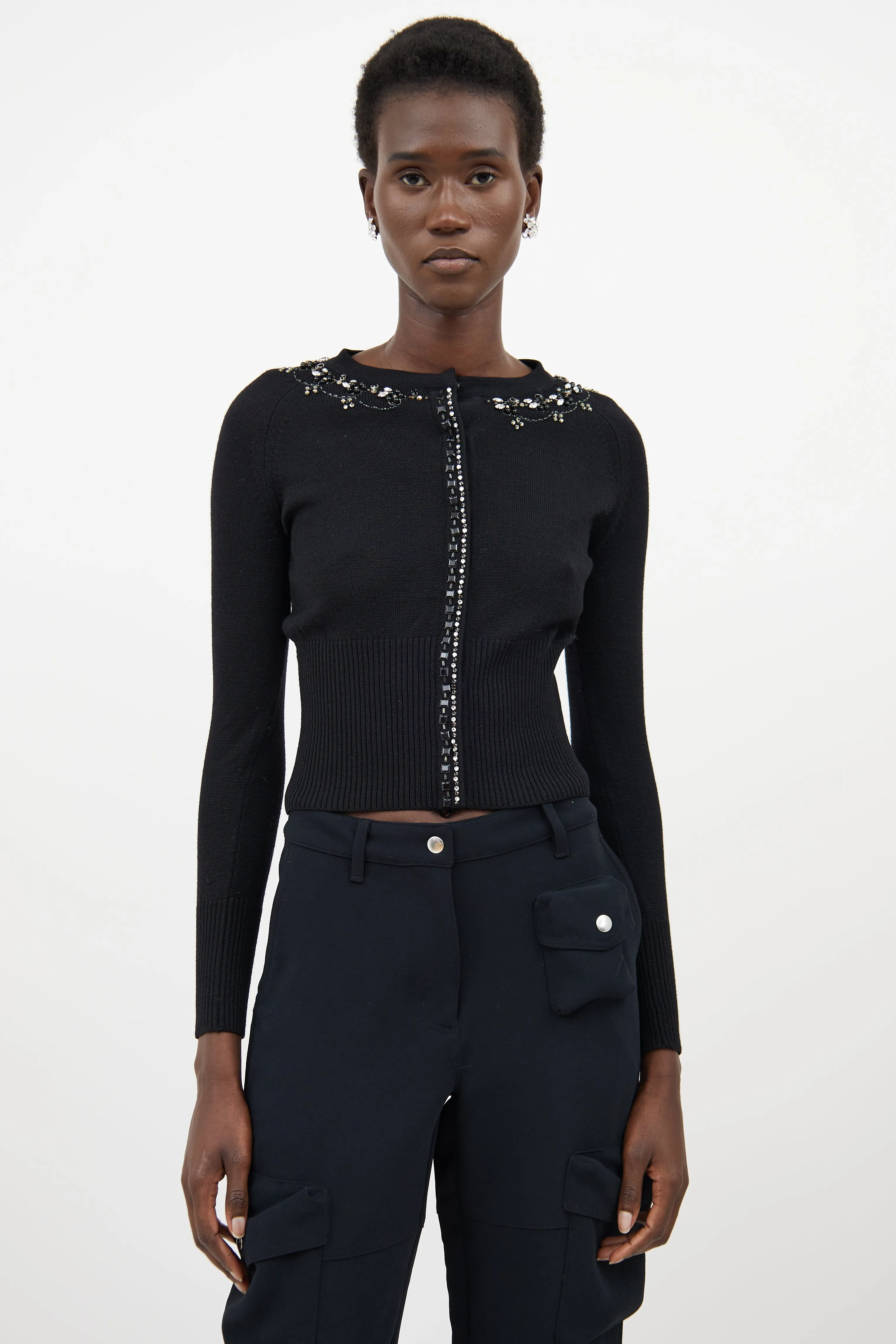 Black Wool Crystal Knit Cardigan