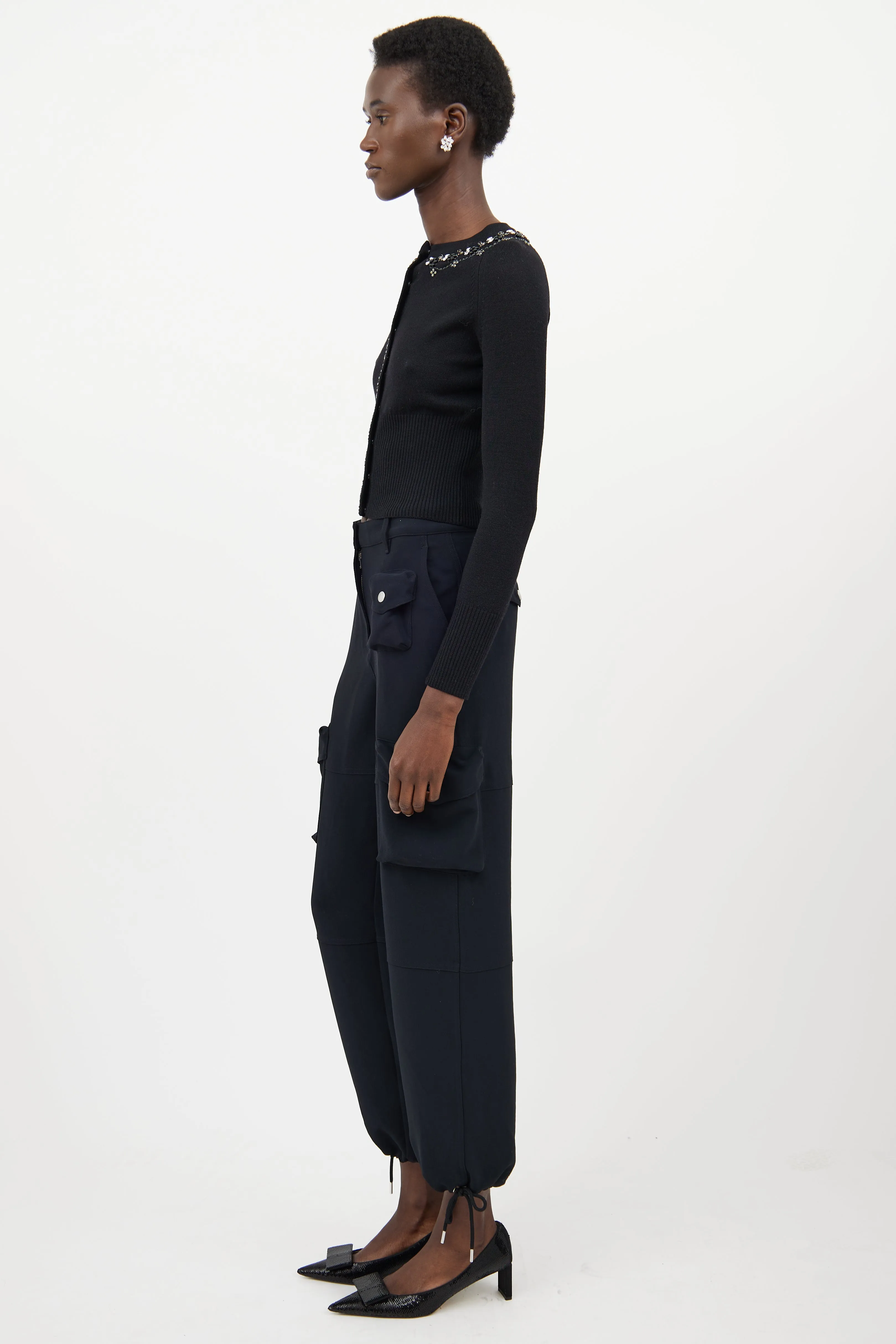 Black Wool Crystal Knit Cardigan