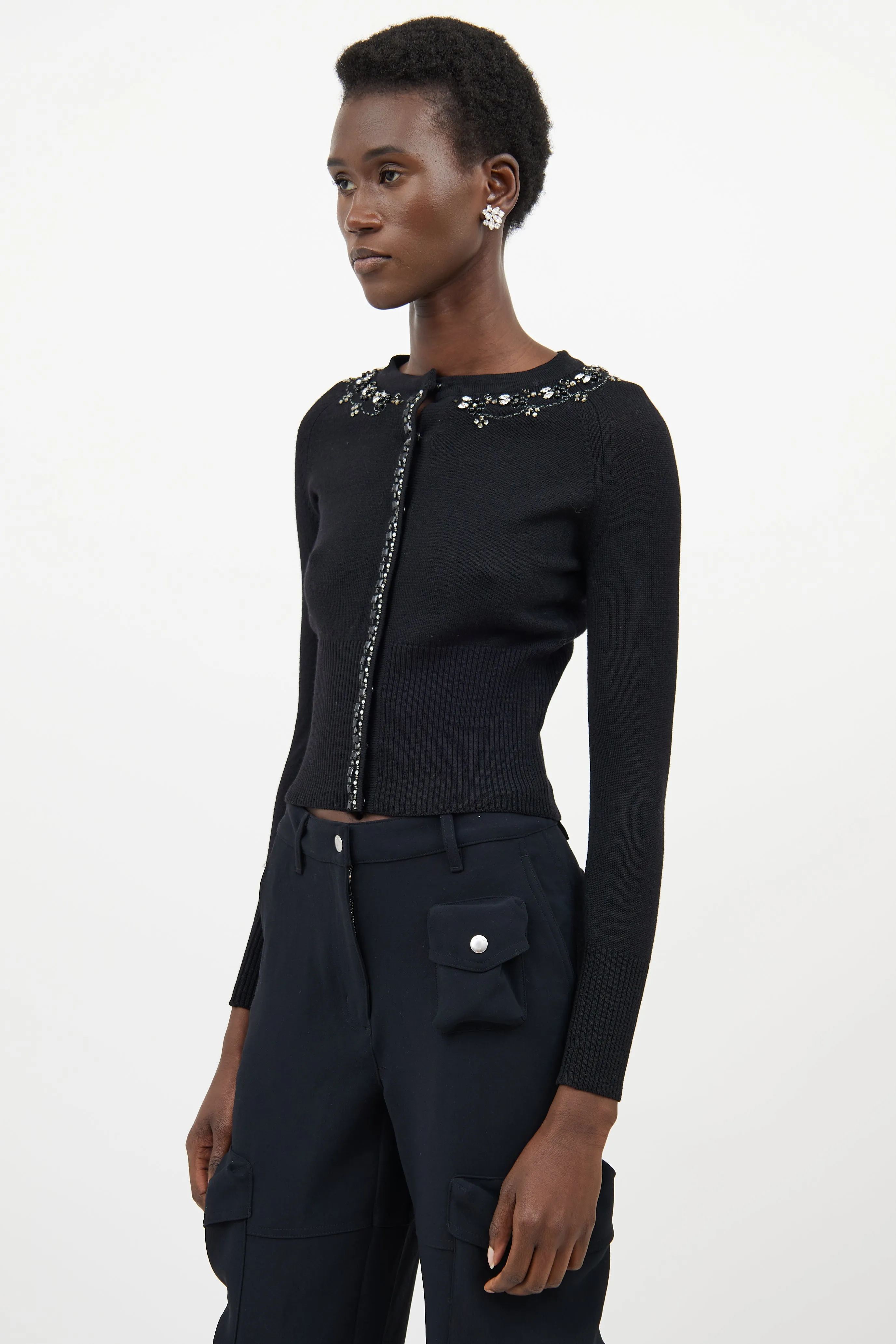 Black Wool Crystal Knit Cardigan