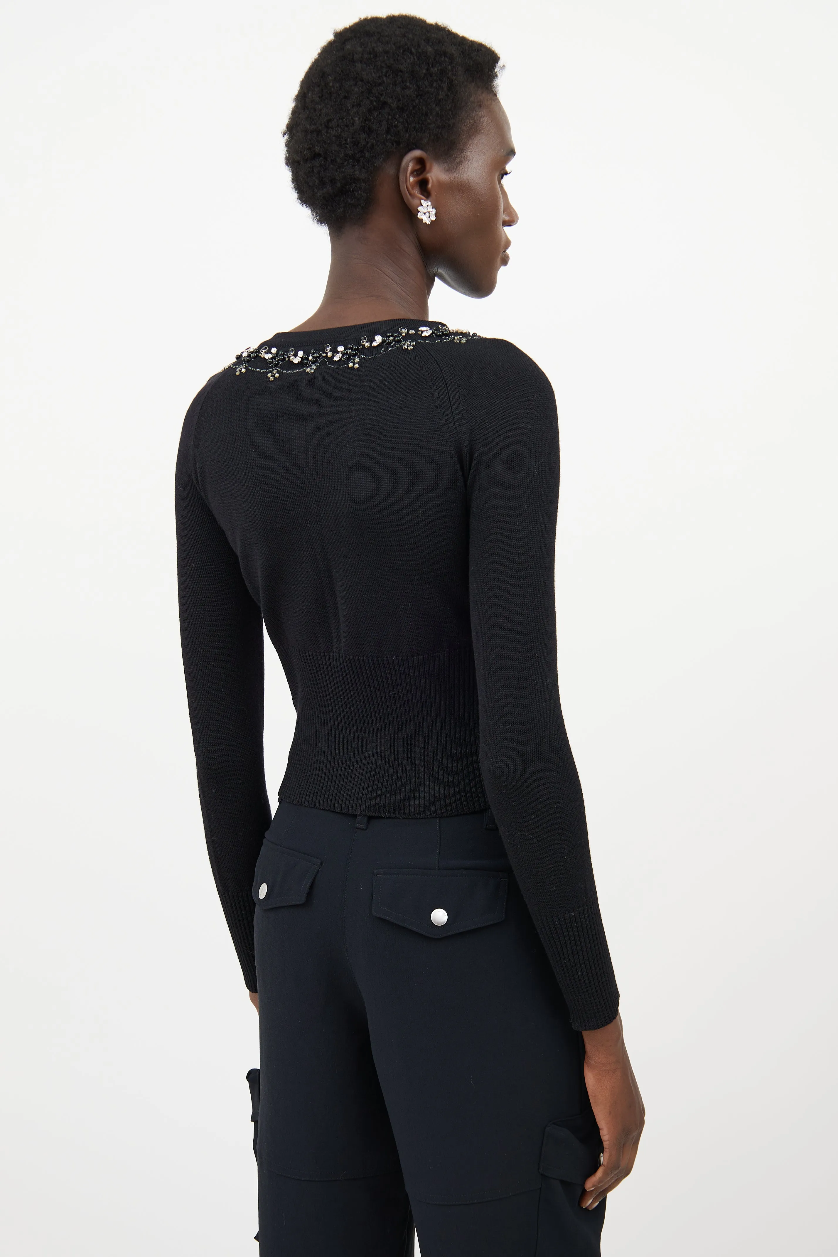 Black Wool Crystal Knit Cardigan