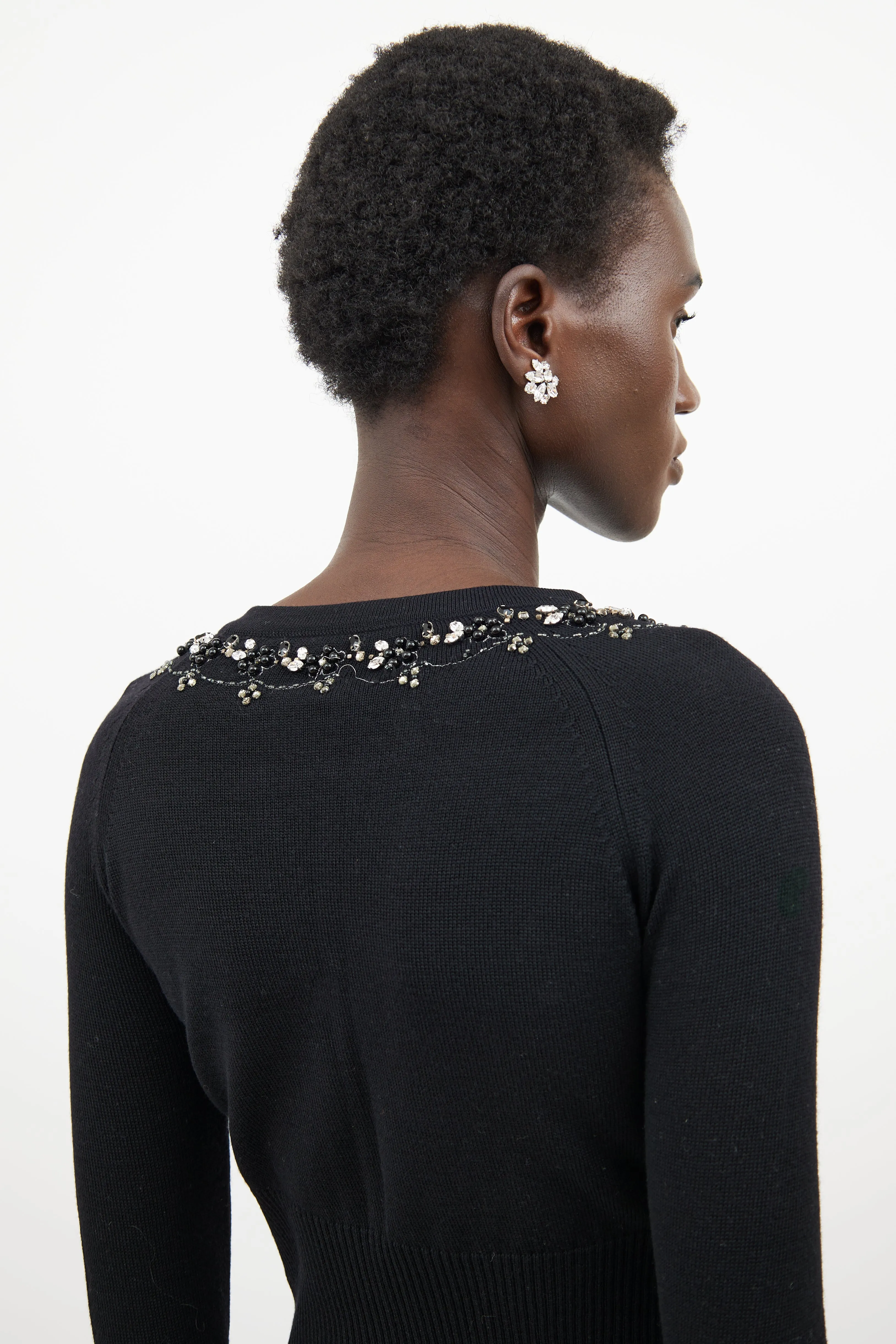 Black Wool Crystal Knit Cardigan