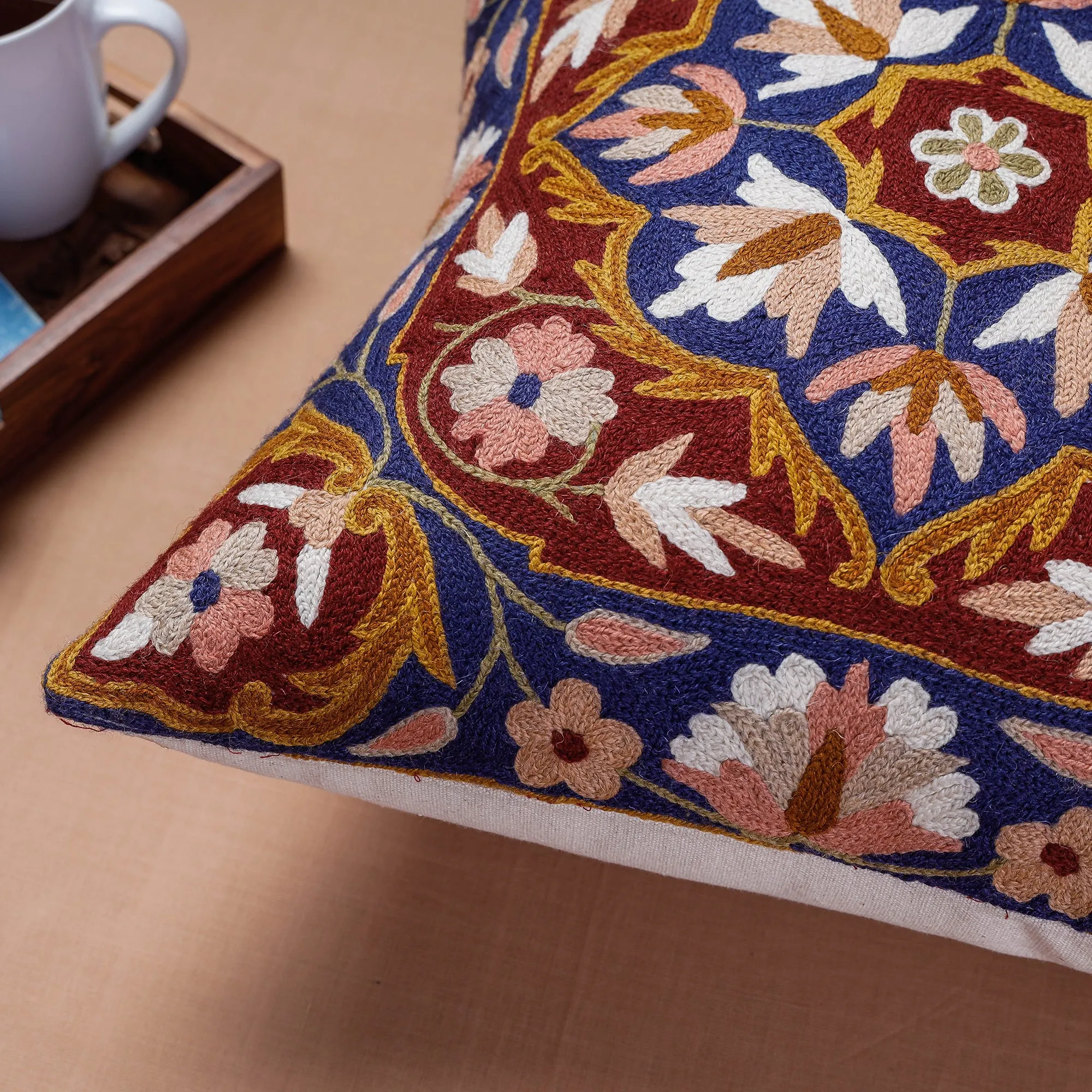 Blue - Original Chain Stitch Crewel Wool Thread Hand Embroidery Cushion Cover (16 x 16 in)