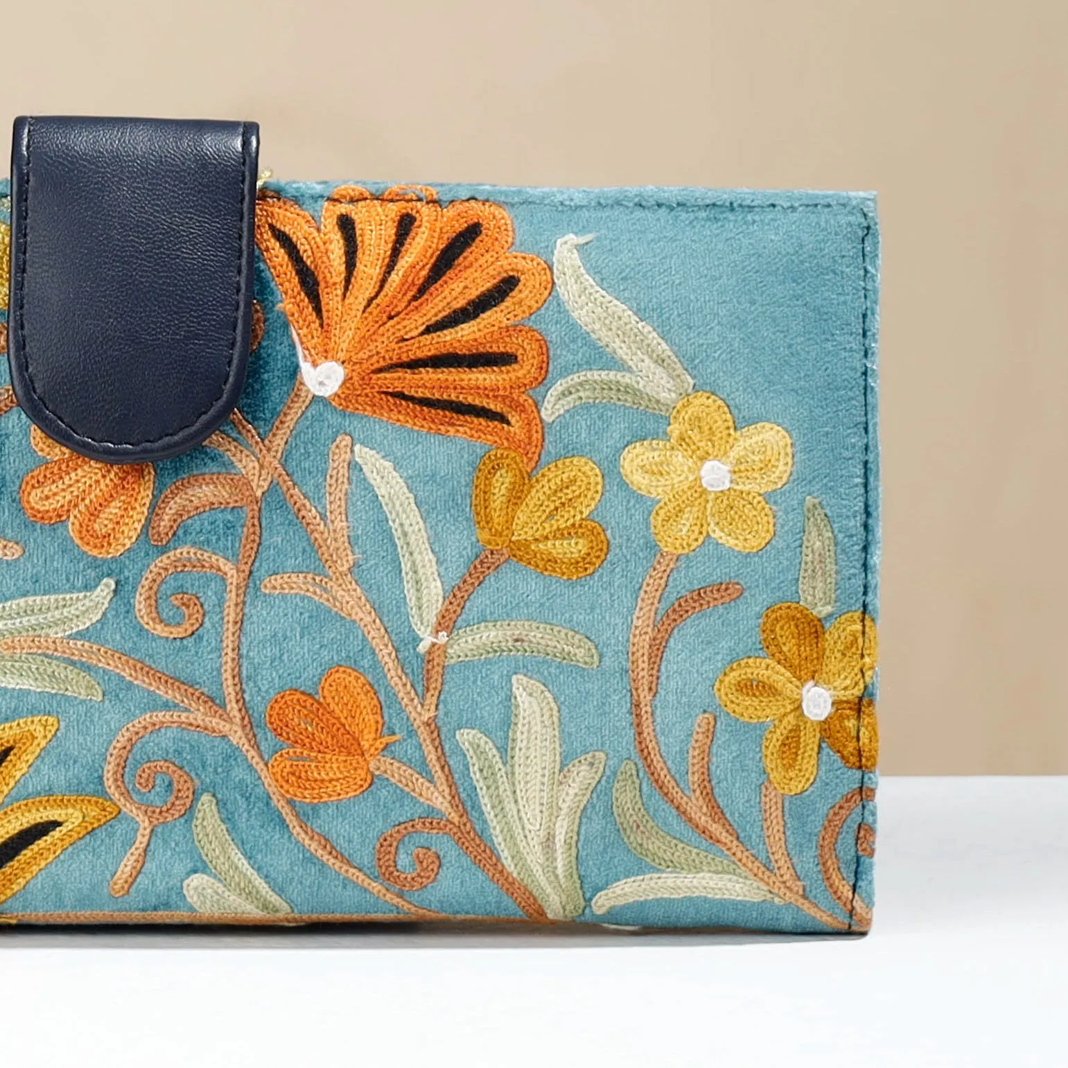 Blue - Original Chain Stitch Embroidery Leather & Velvet Wallet