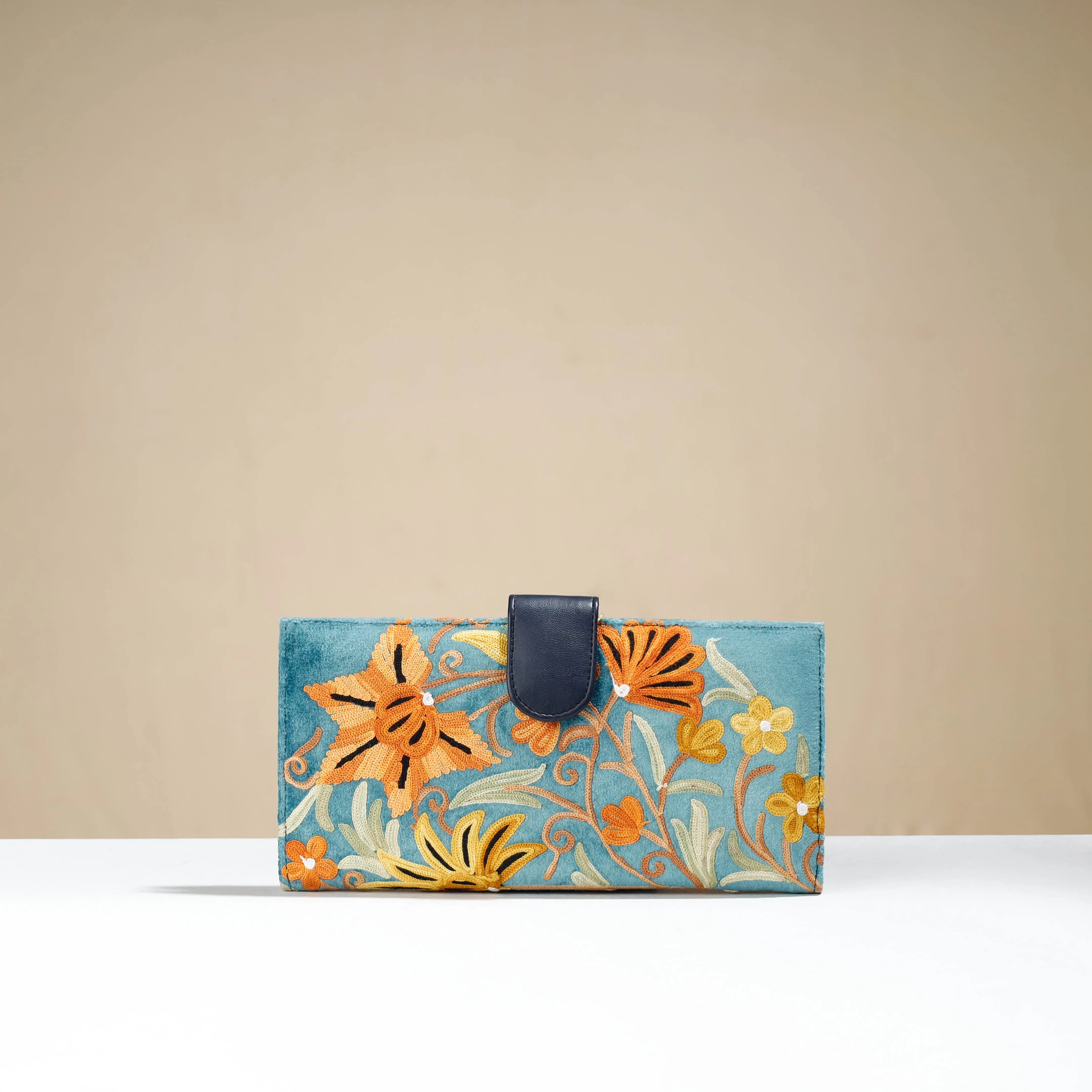 Blue - Original Chain Stitch Embroidery Leather & Velvet Wallet