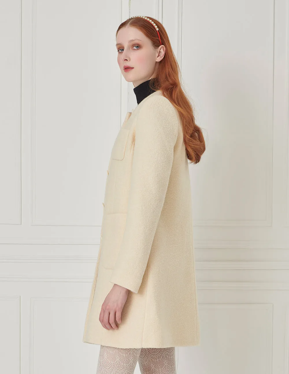 BORA AKSU Round Neck H-Type Single Breasted Milk White Wool Coat