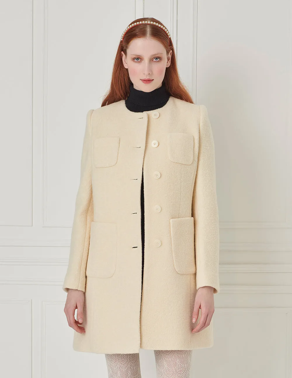 BORA AKSU Round Neck H-Type Single Breasted Milk White Wool Coat