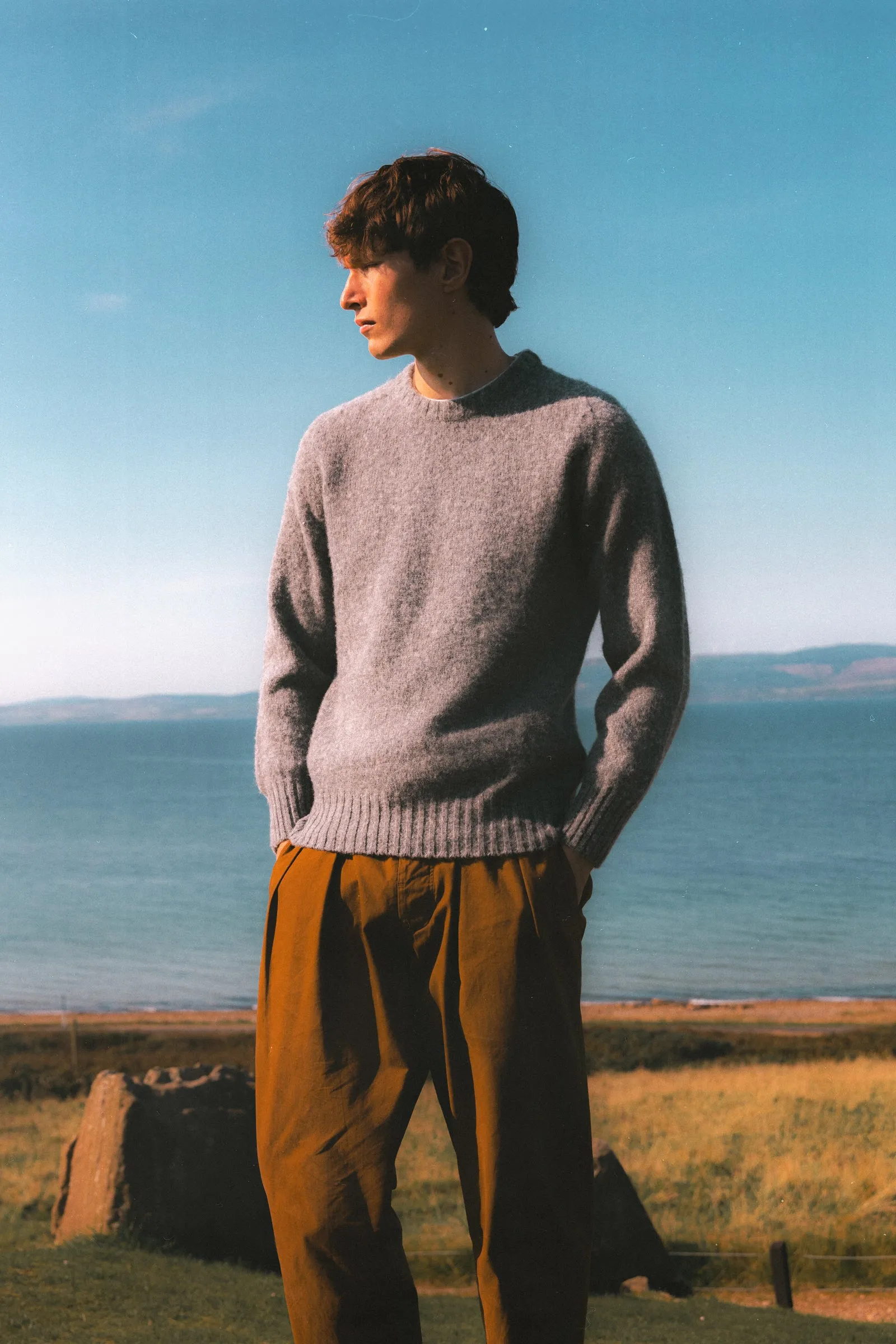Brushed Shetland Crew in Grey Lambswool