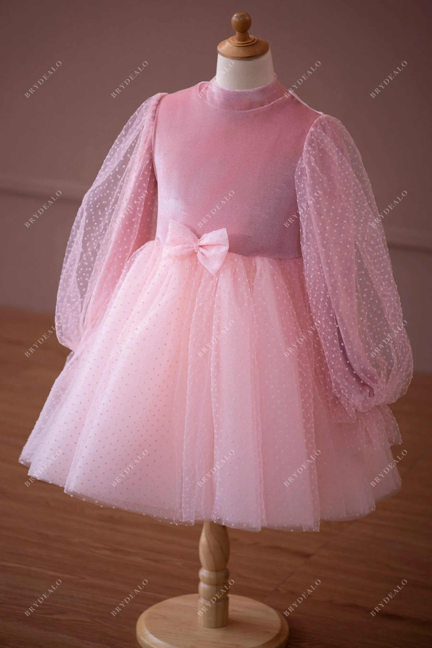 Candy Pink Velvet Dot Tulle Tea Length Flower Girl Dress