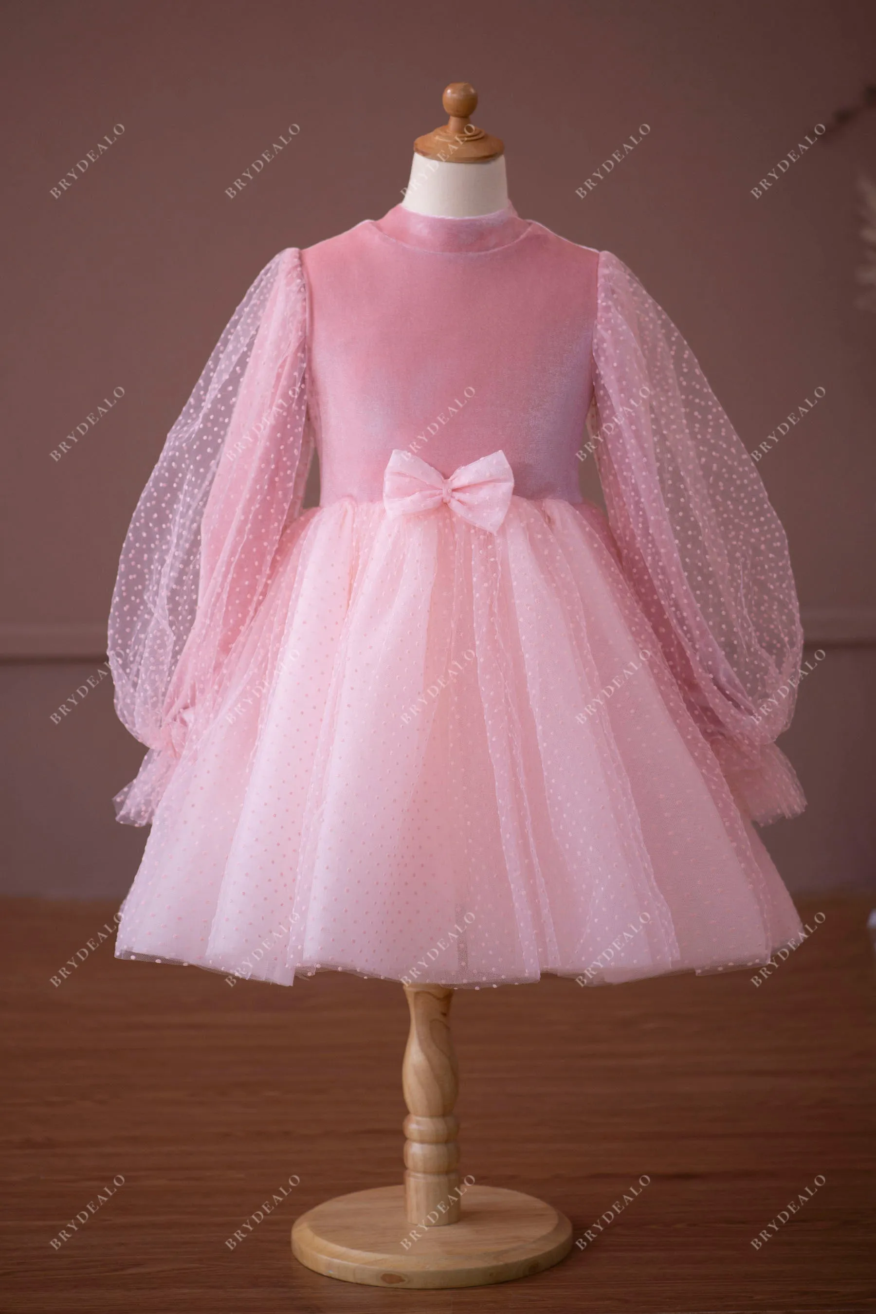 Candy Pink Velvet Dot Tulle Tea Length Flower Girl Dress