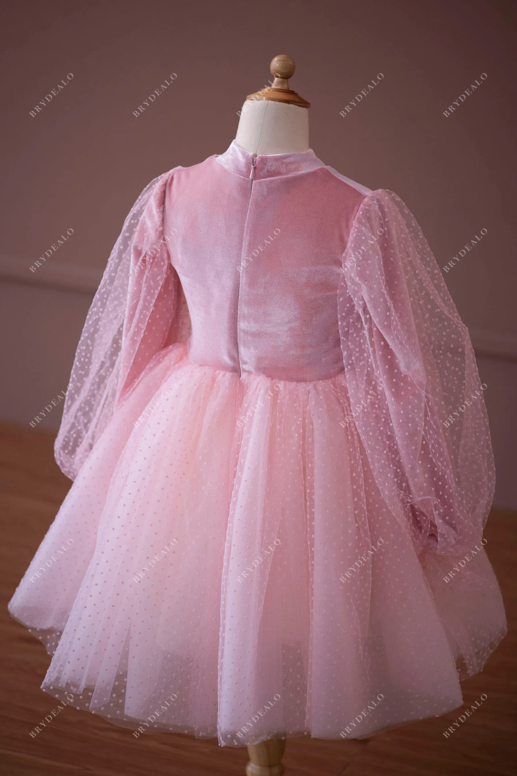 Candy Pink Velvet Dot Tulle Tea Length Flower Girl Dress