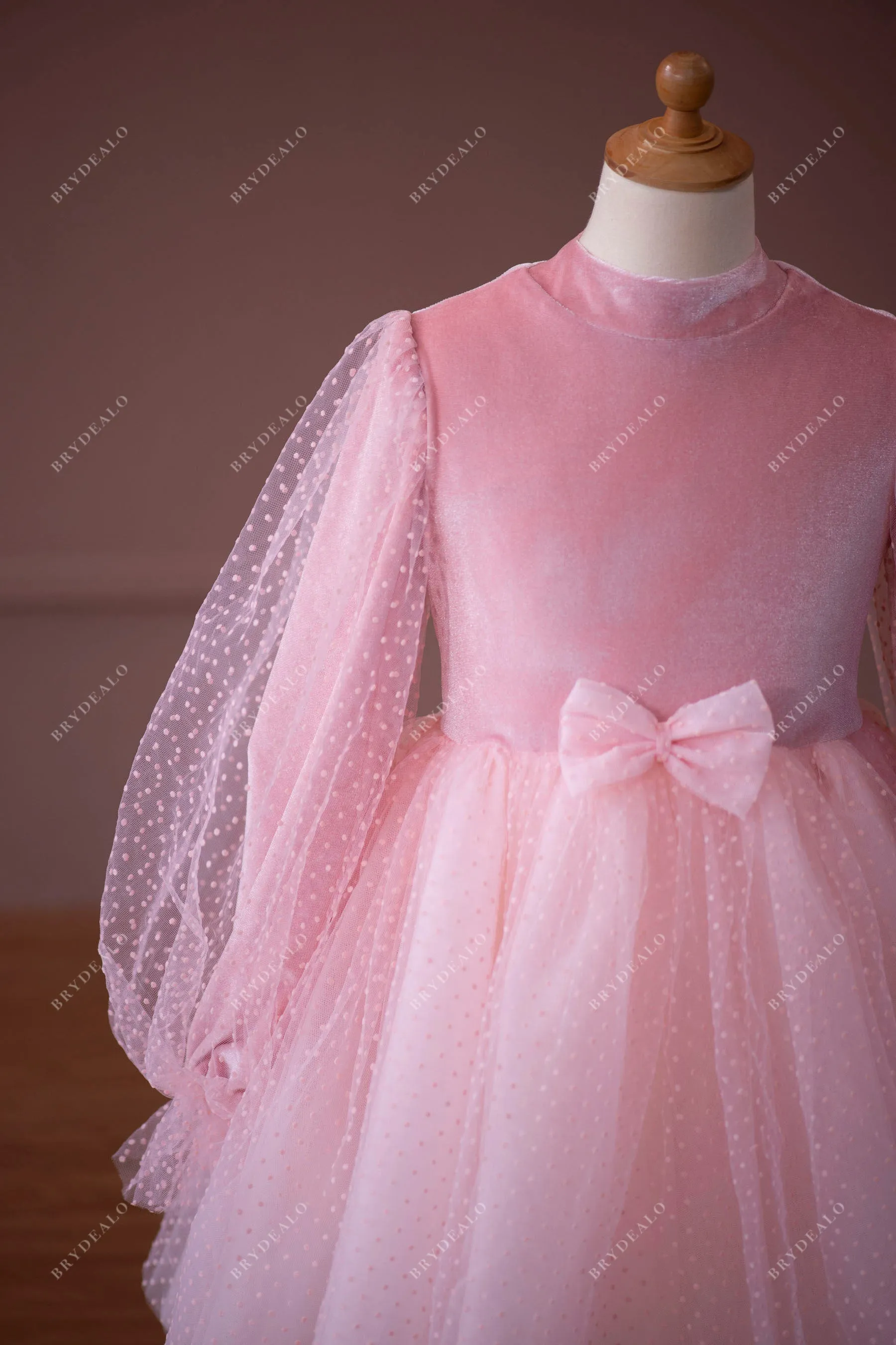 Candy Pink Velvet Dot Tulle Tea Length Flower Girl Dress