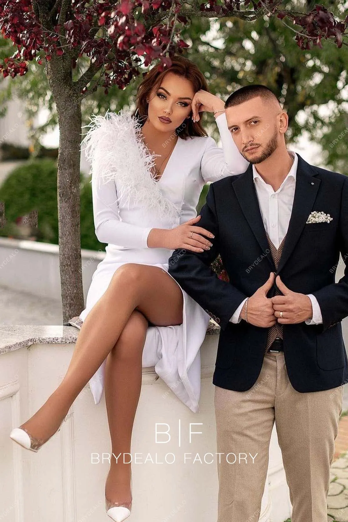 Chic Feathered V-neck Long Sleeve Tea Length Wedding Reception Dress