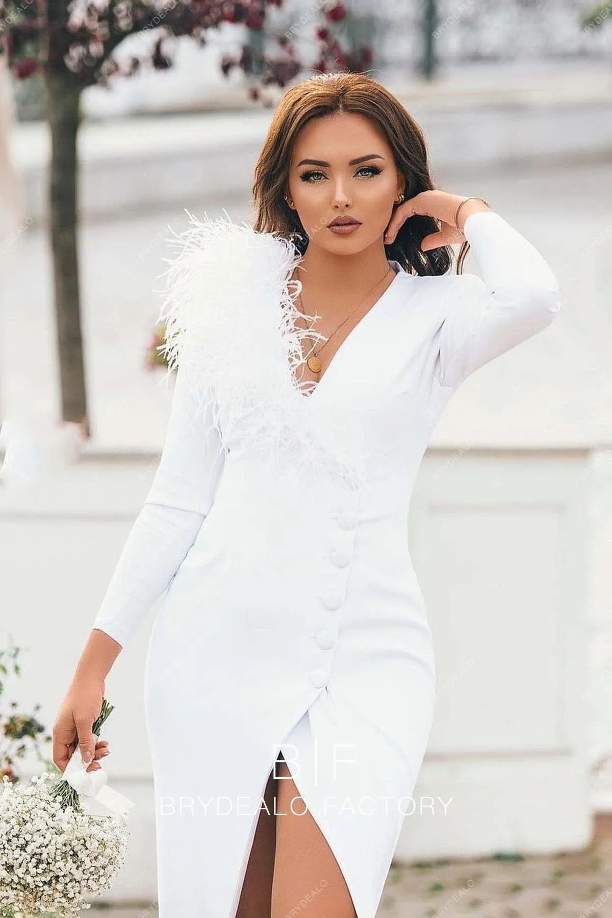 Chic Feathered V-neck Long Sleeve Tea Length Wedding Reception Dress