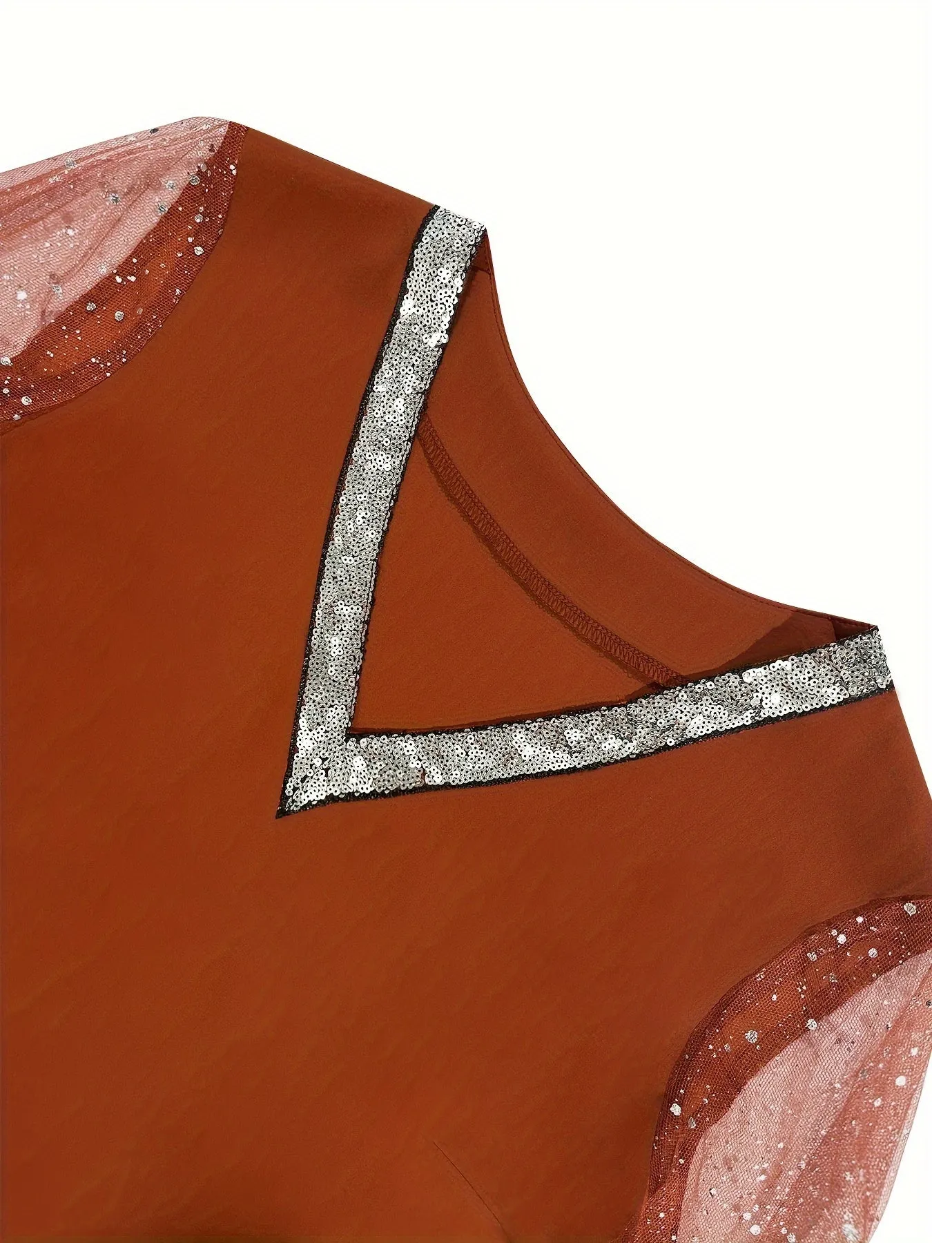 Curvy Glam Sequin VNeck Top with Mesh Sleeves
