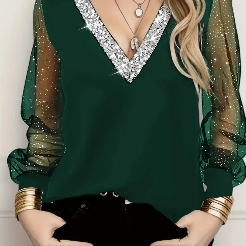Curvy Glam Sequin VNeck Top with Mesh Sleeves