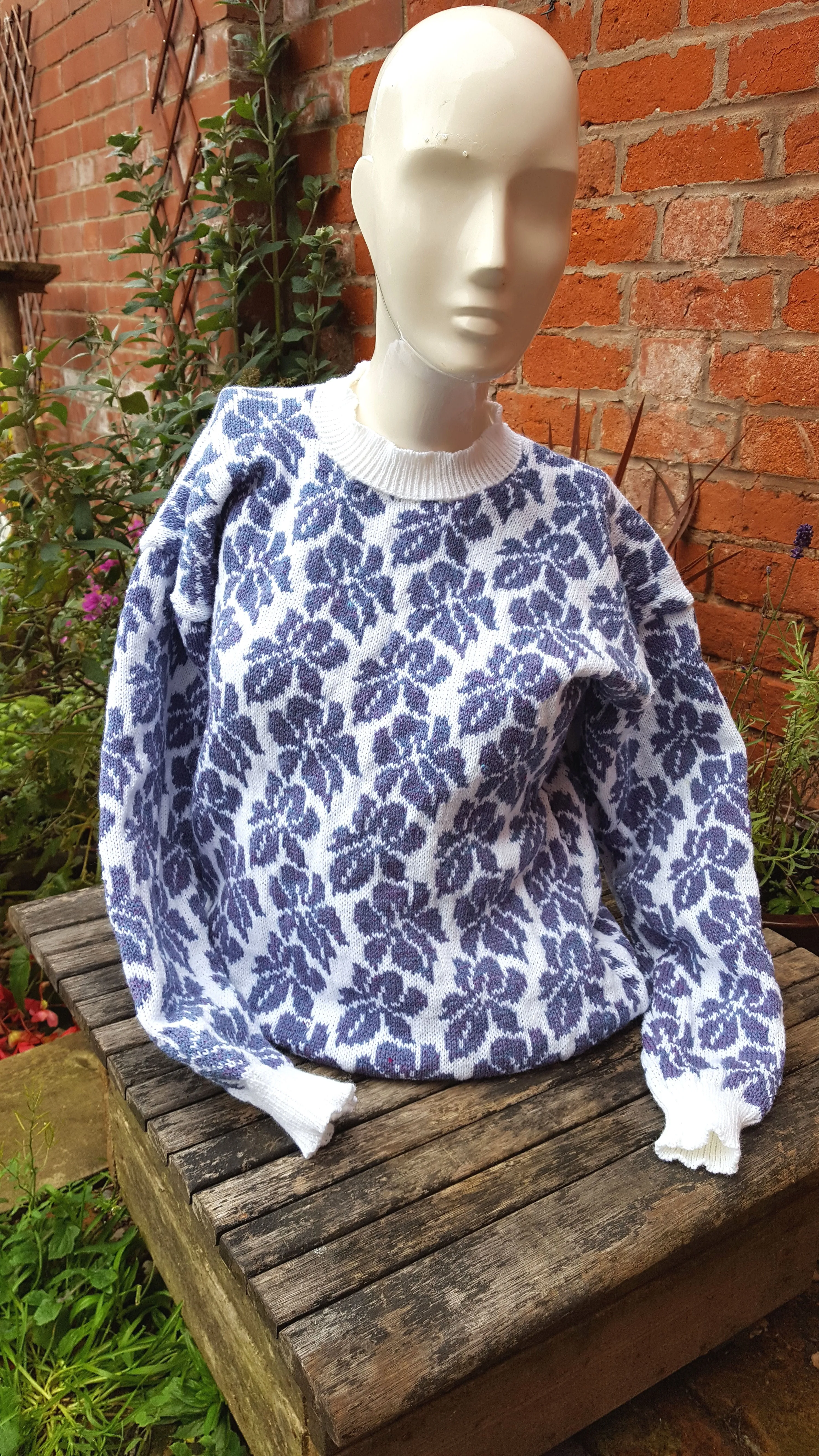 Fair isle sweater, "Iris" Handmade, Ladies size 42/44 16 -18 white & purple, iris design.
