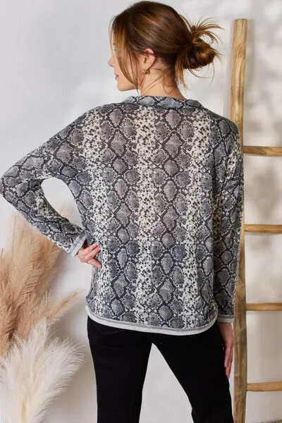 Full Size Snakeskin V-Neck Long Sleeve Top