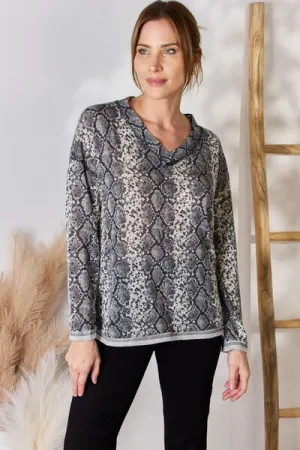 Full Size Snakeskin V-Neck Long Sleeve Top