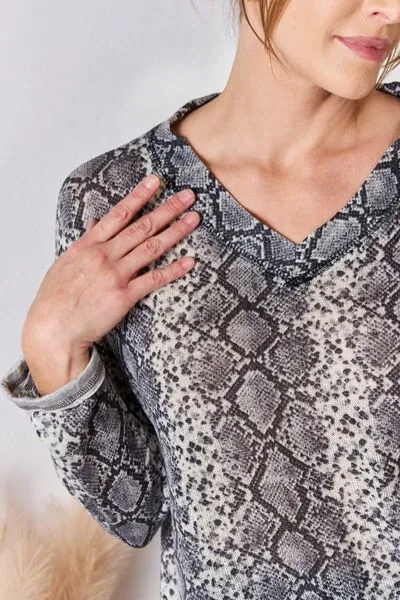 Full Size Snakeskin V-Neck Long Sleeve Top
