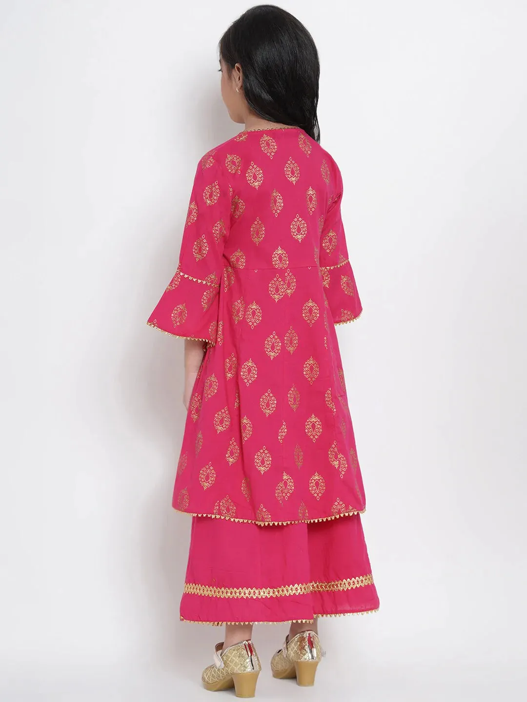 Girls Fuchsia Pink & Gold-Coloured Printed Kurta With Palazzos